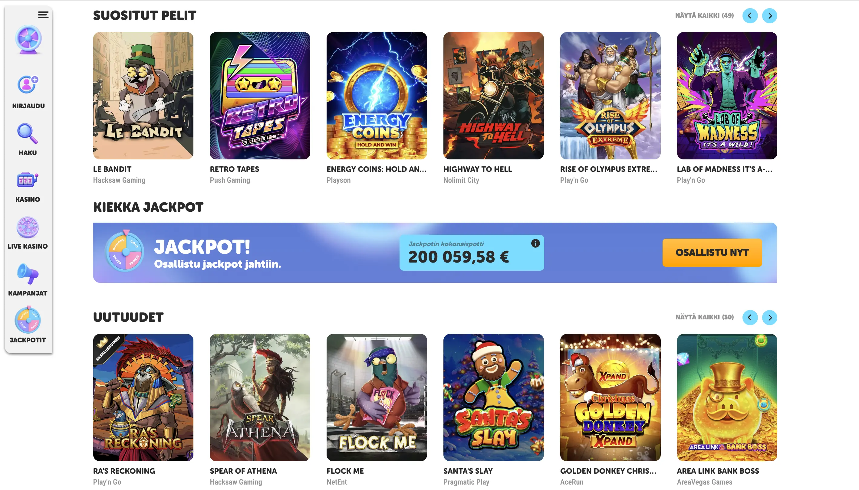 Pelit, kategoriat ja pelintarjoajat uusilla kasinoilla